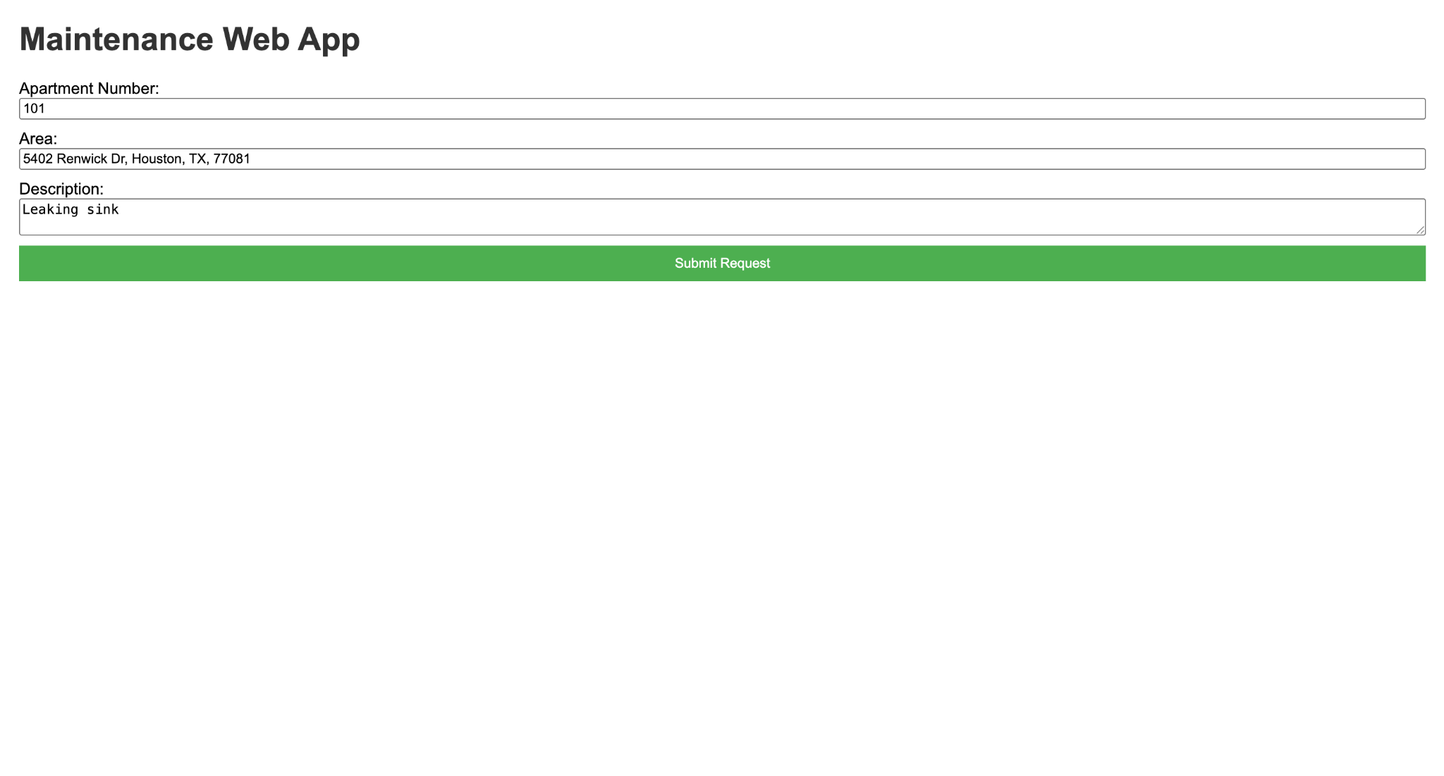 Maintenance web app data entry screen.